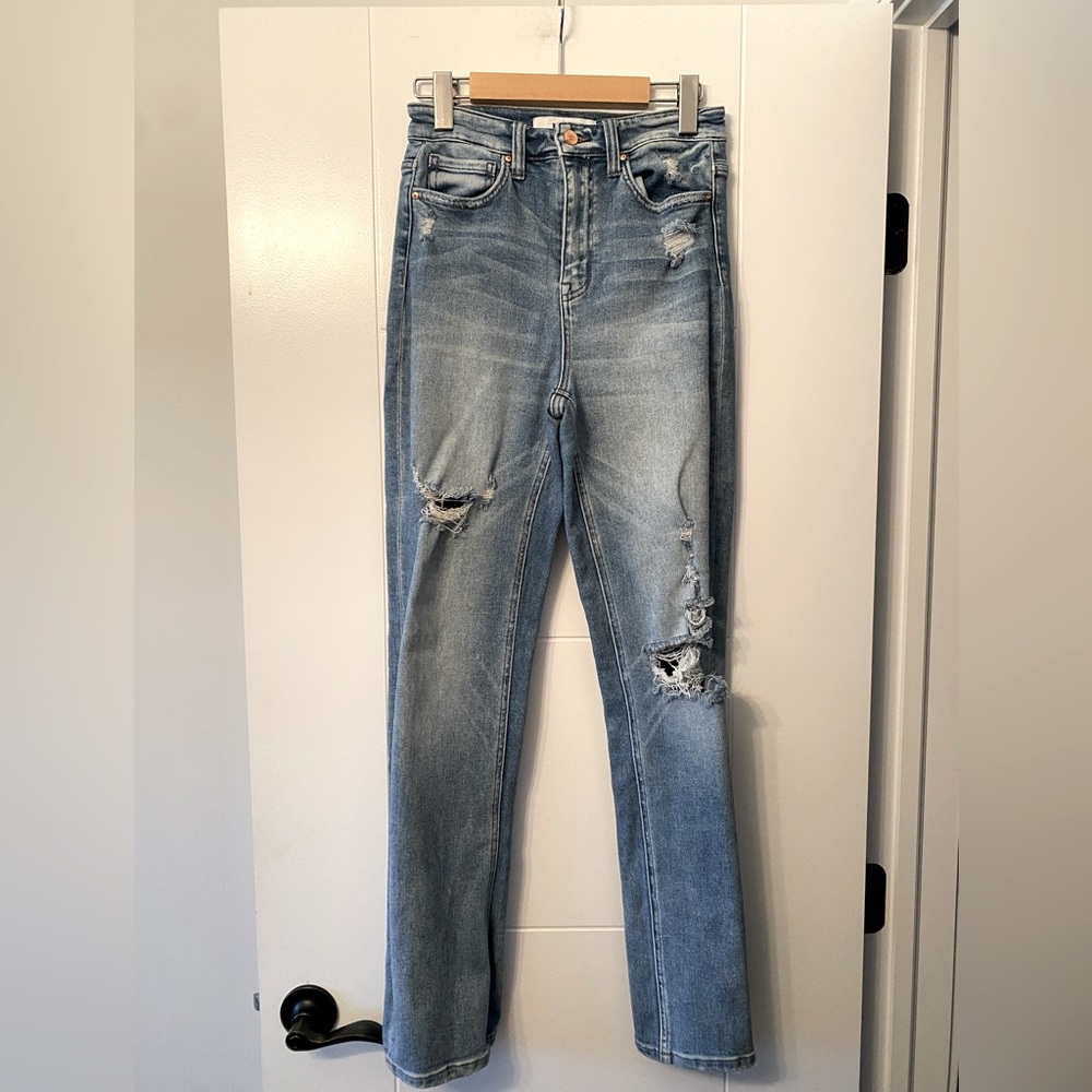 MICA- Classic Blue Straight Leg Jeans with Distressed Accents